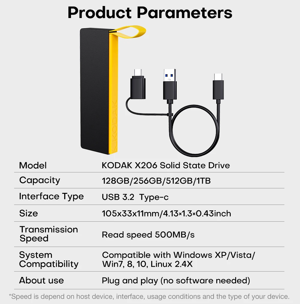 KODAK X106 SSD แบบพกพา 500MB/s | USB 3.2 Gen 2 | ขยายการจัดเก็บโทรศัพท์ ...