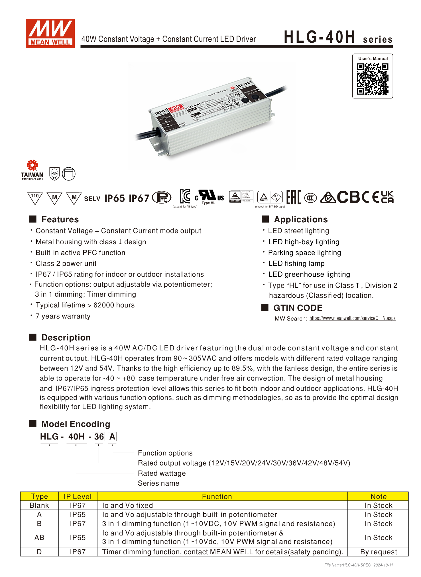 MEAN WELL HLG40H12A HLG40H24A HLG40H48A สวิตช์พาวเวอร์ซัพพลาย