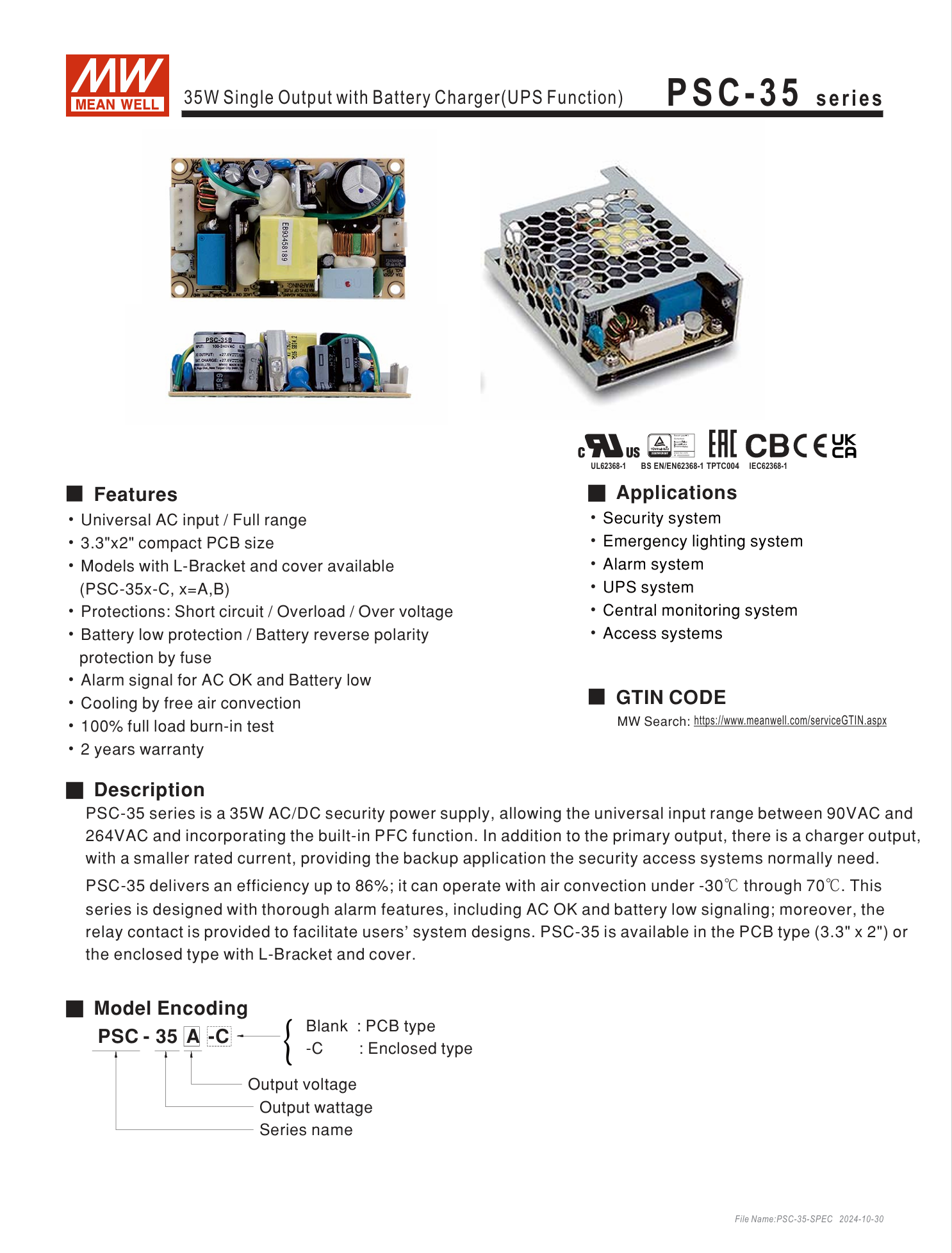 MEAN WELL PSC-35A PSC-35B PSC-35A-C PSC-35B-C แหล่งจ่ายไฟสลับ MEANWELL ...
