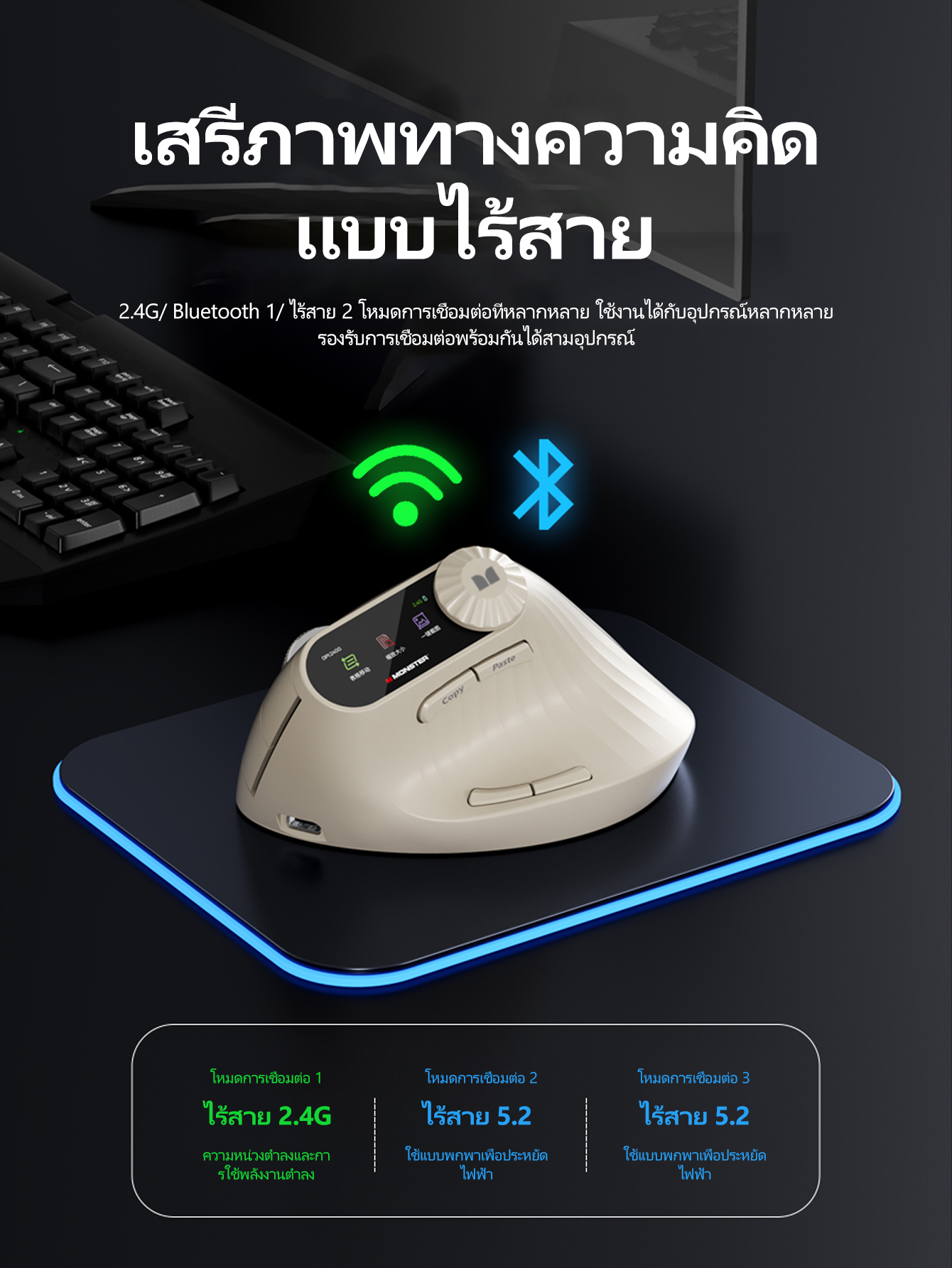 Monster M2MAX เมาส์บลูทูธไร้สายไม่ลื่นออกแบบตามหลักสรีรศาสตร์แสงอุปกรณ์ ...