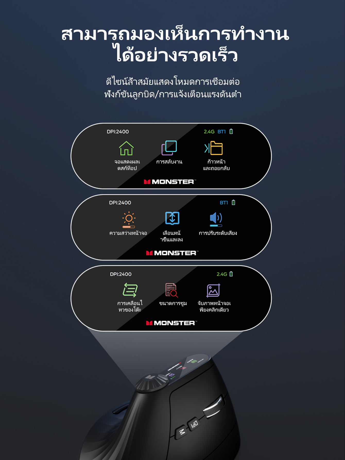 Monster M2MAX เมาส์บลูทูธไร้สายไม่ลื่นออกแบบตามหลักสรีรศาสตร์แสงอุปกรณ์ ...