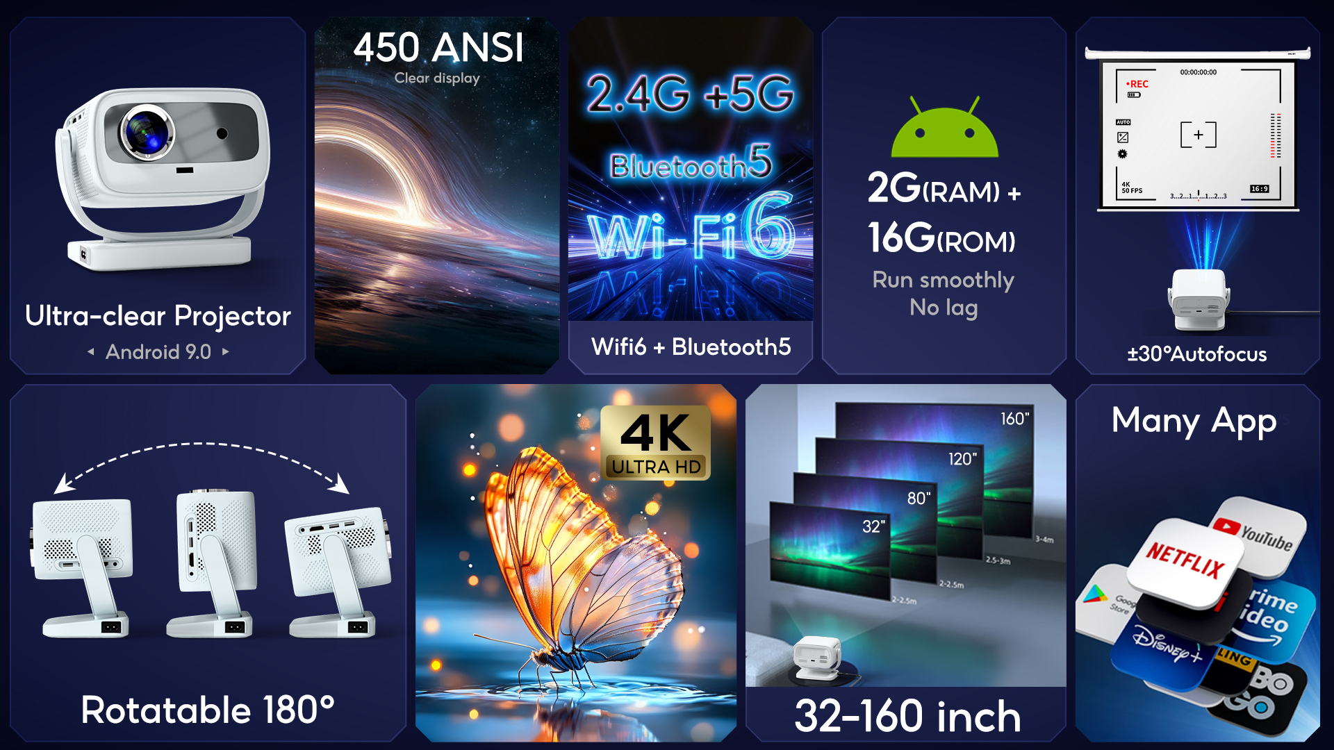 MUJA 4K Projector โปรเจคเตอร์ ความสว่างสูง 450 ANSI Built-In Andriod 11 ...