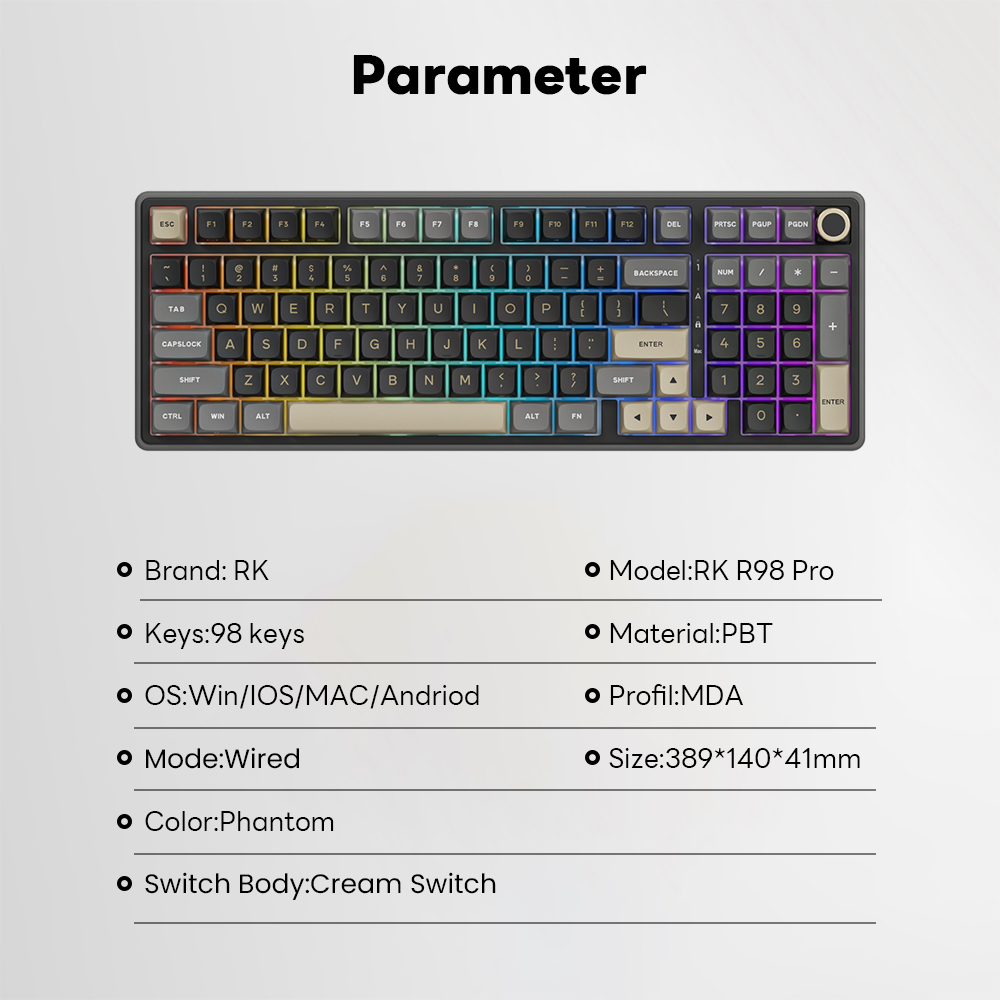 Royal Kludge RK R98Pro Phantom 98 Key RGB แบบมีสายพร้อมคีย์บอร์ดเชิงกล ...