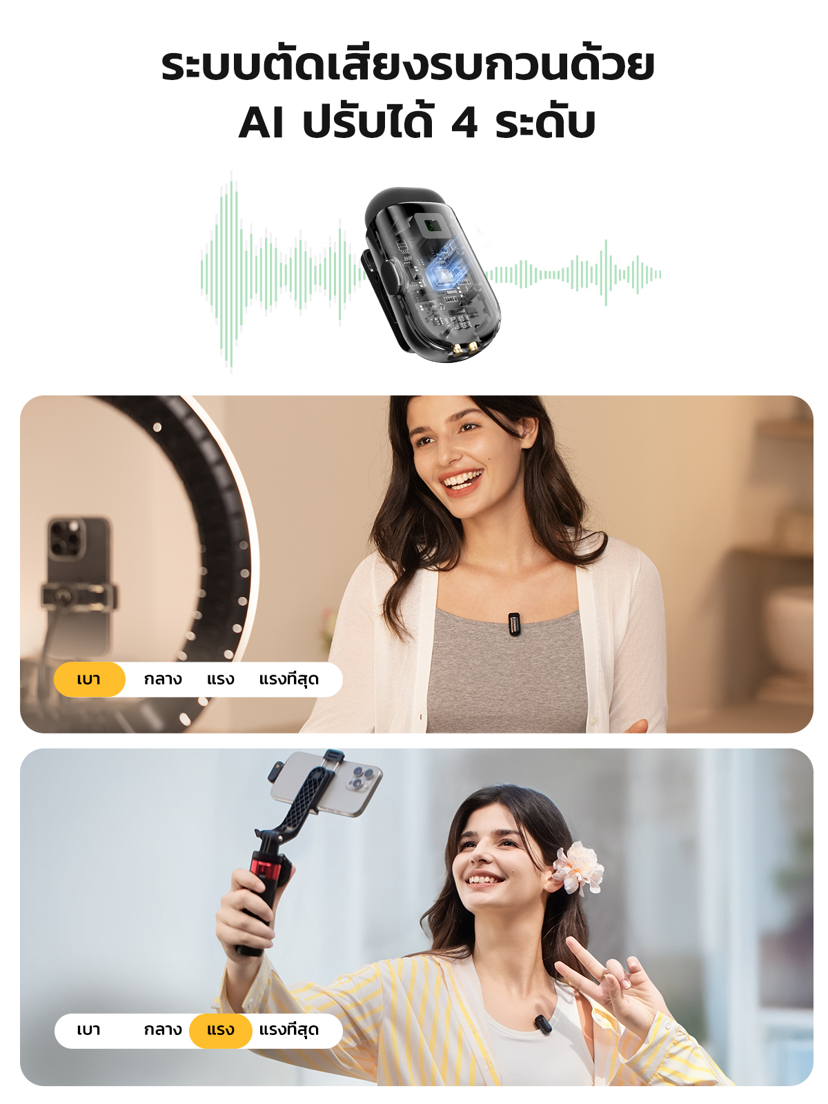 Maono T1 Mini ไมโครโฟนไร้สายแบบหนีบเสื้อ AI ไมโครโฟนตัดเสียงรบกวนไมโครโฟนขนาดเล็กพร้อมแอพ Maono Link และลดเสียงรบกวน 4 ระดับสําหรับโทรศัพท์สมาร์ท,Vlogging,ถ่ายทอดสด
