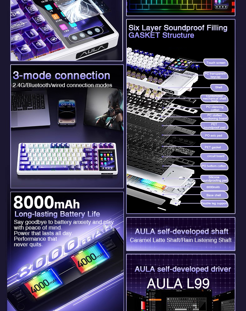 AULA L99 สมาร์ทจอแสดงผลคีย์บอร์ดแบบกลไก Tri-Mode Touch Control 8000mAh ...