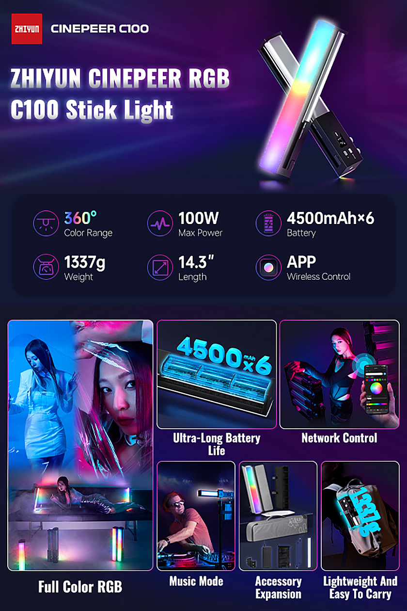 ZHIYUN CINEPEER C100 ไฟ LED RGB Stick Light 100W ไฟถ่ายรูป ไฟสตูดิโอ ไฟ ...