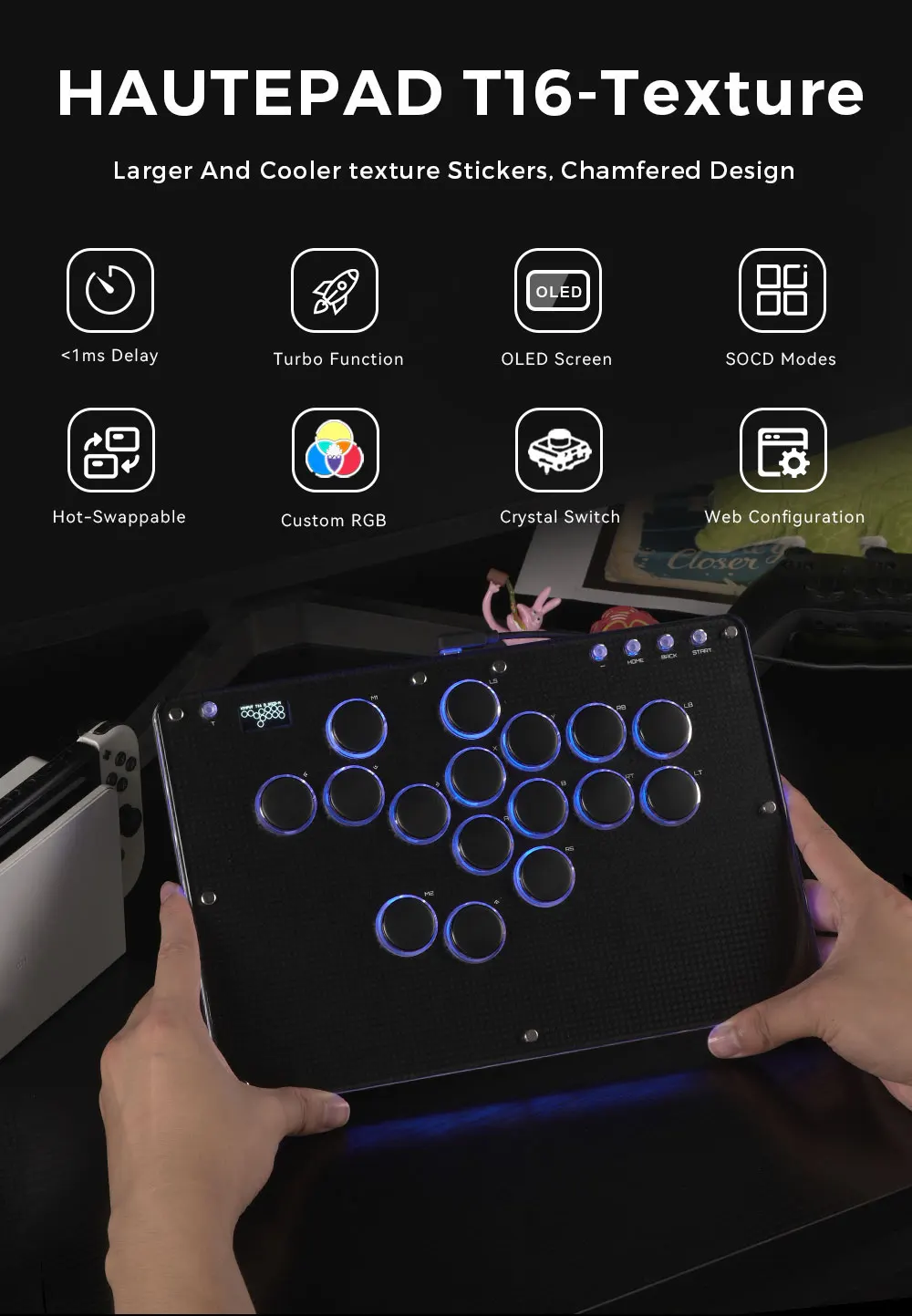Haute42 T16-Texture Stickless Arcade Stick Controller Hitbox Leverless ...