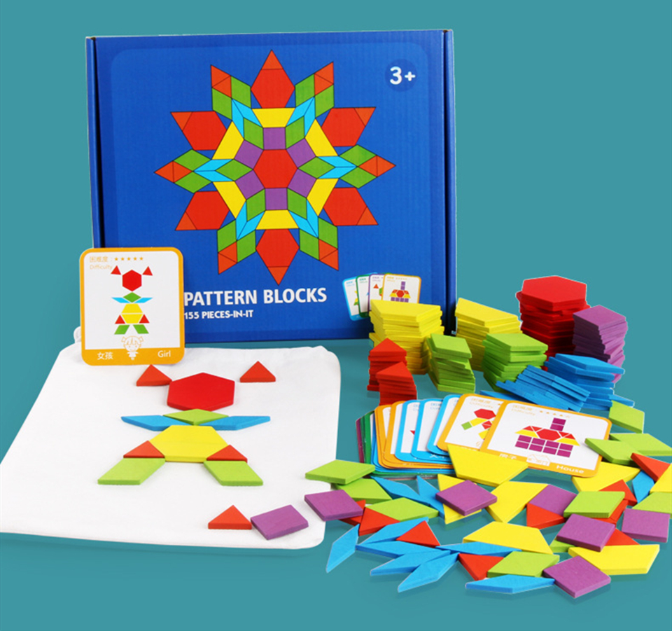 Treeyear 155 Pcs Wooden Pattern Blocks Set Geometric Shape Puzzle ...