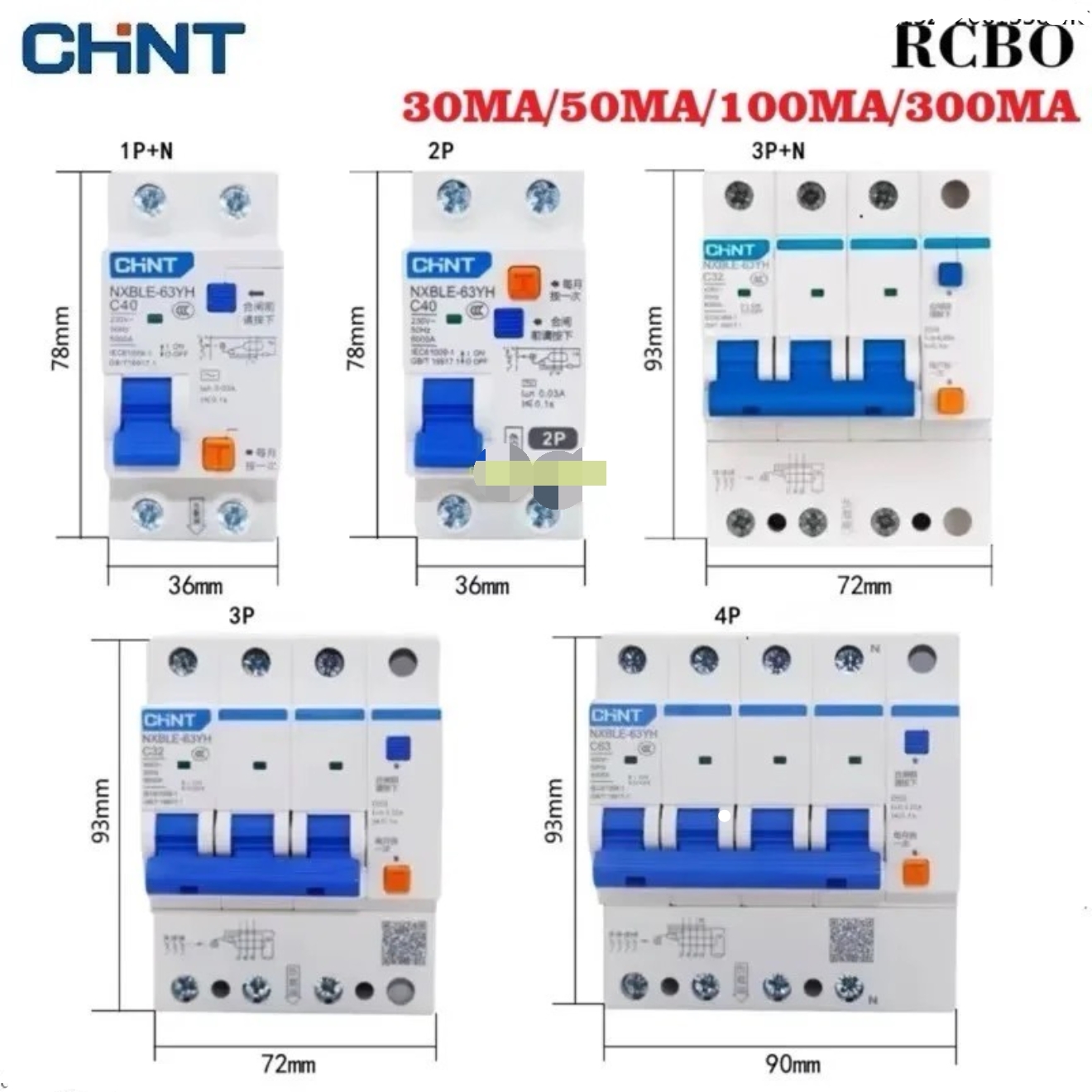 CHINT 30mA 100mA 300mA RCBO 10A 16A 20A 25A 32A 40A 63A NXBLE-63YH ...