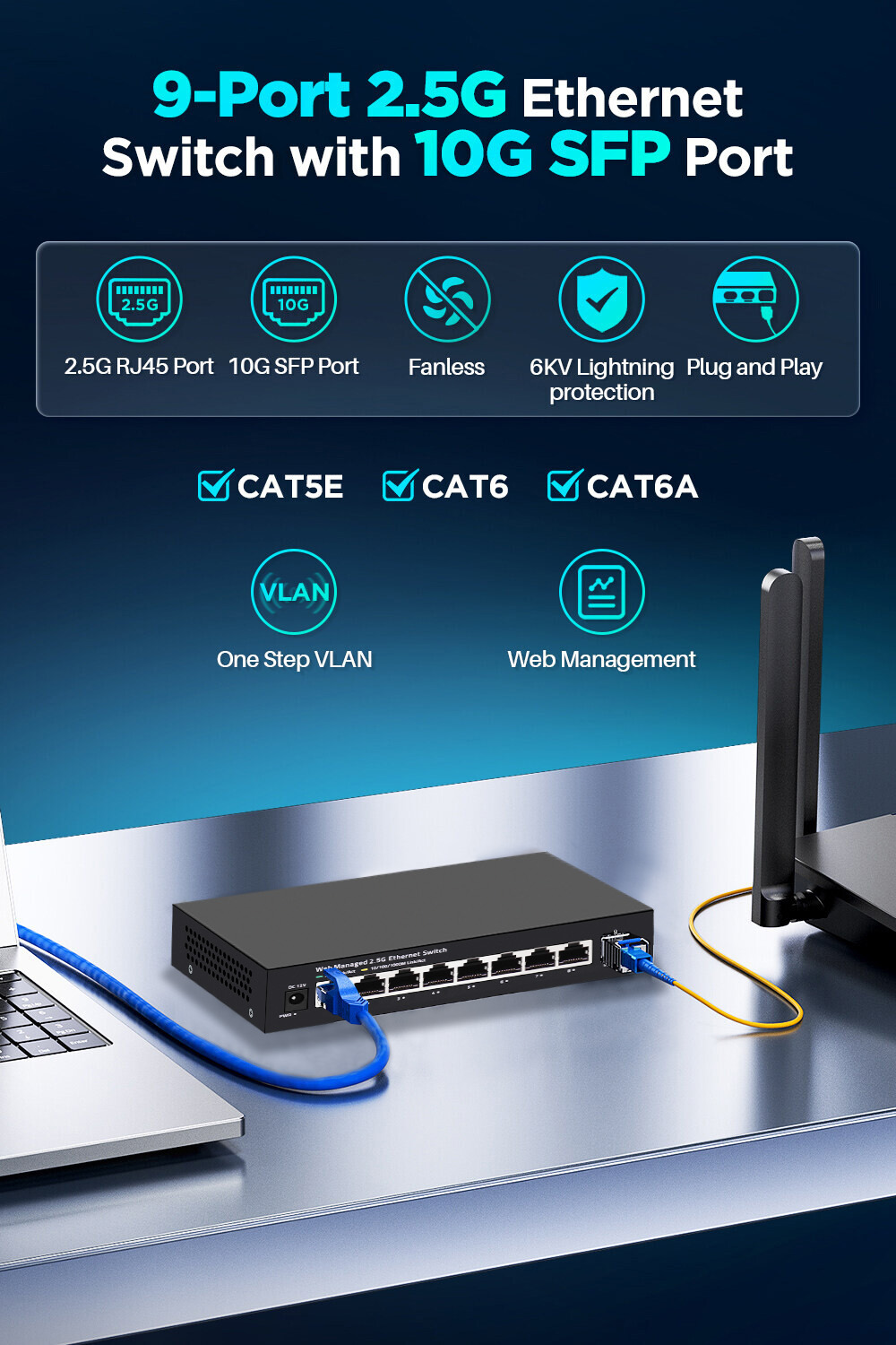 JT-COM 2.5GbE Managed Switch 8 Port 2.5GBASE-T Network Switcher Uplink ...