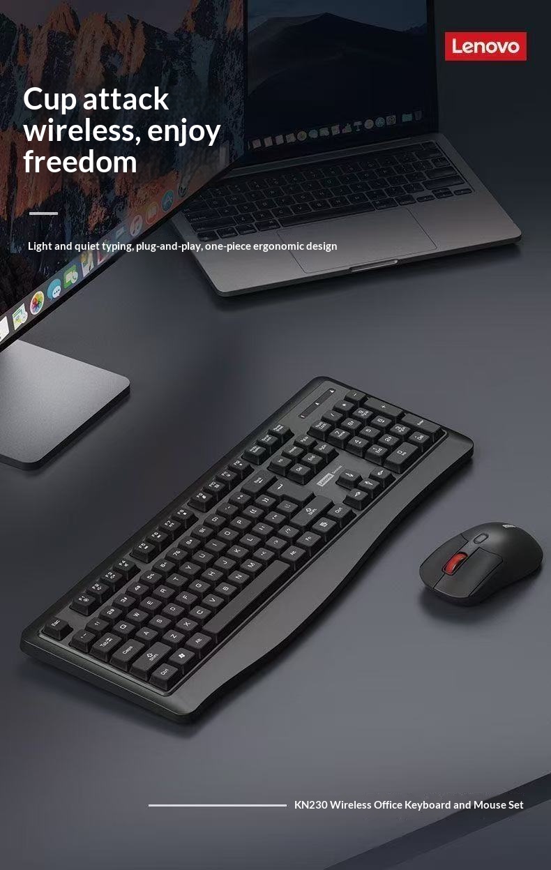 Lenovo KN230 2.4G คีย์บอร์ดและเมาส์ไร้สาย Combo ปุ่มเงียบบางเฉียบกัน ...