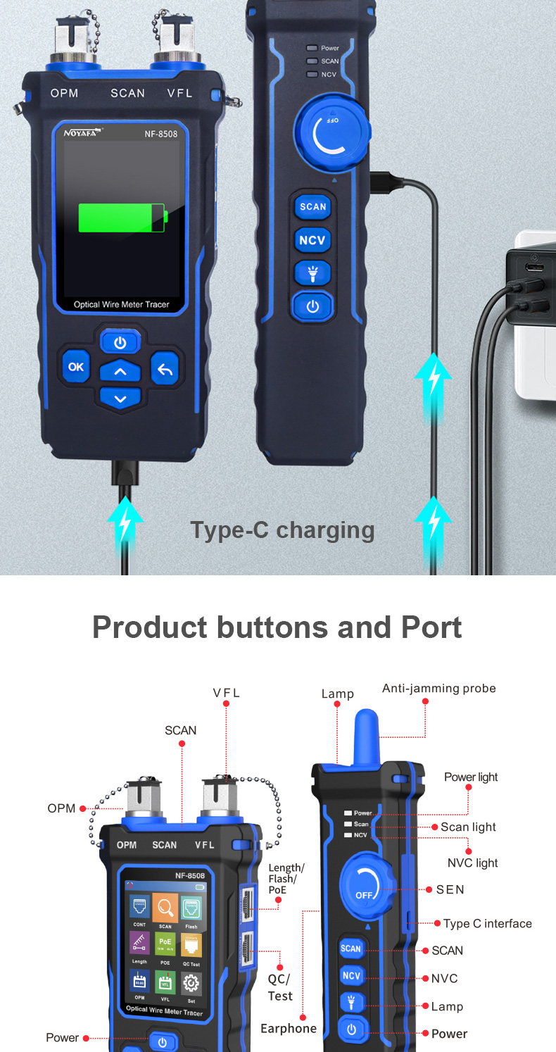 Noyafa NF-8508 เครื่องทดสอบสายเคเบิลเครือข่ายจอแสดงผล LCD วัดความยาว ...