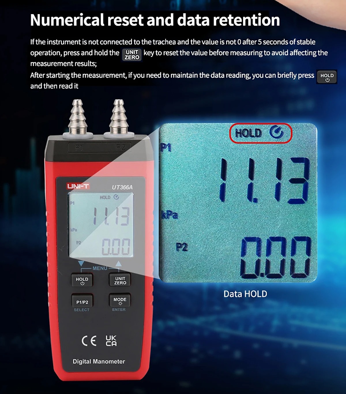 UNI-T Digital Manometer UT366A Air Pressure Gauge Handheld Pressure ...