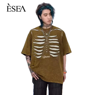 ESEA ผู้ชายใหม่เสื้อยืดอารมณ์แนวโน้มฤดูร้อนเยาวชนแนวโน้มแฟชั่นสูงพัดลมถนนสูงรอบคอด้านบน