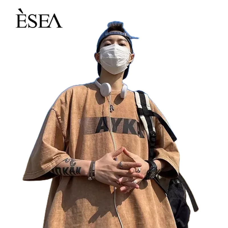 esea-เสื้อยืดผู้ชาย-ins-แฟชั่นพิมพ์ลายลำลองผู้ชายเสื้อยืดคอกลมแขนสั้นยอดนิยมใหม่