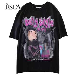 ESEA เสื้อยืดผู้ชายขี้เกียจเยาวชนลำลองผู้ชายเสื้อยืดแฟชั่นพิมพ์หลวมรอบคอแขนสั้น