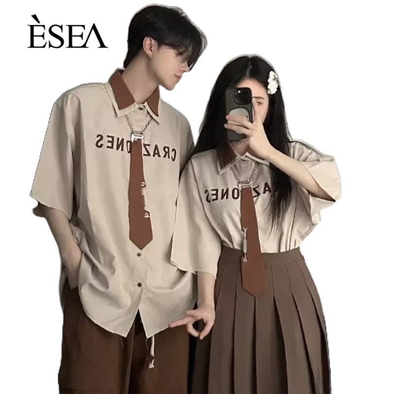 esea-เสื้อเชิ้ตผู้ชาย-เสื้อเชิ้ตลำลอง-สไตล์วิทยาลัย-เทรนด์ย้อนยุคอเมริกัน-ins-แขนสั้น