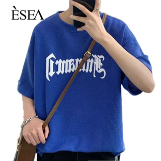 ESEA ผู้ชายเสื้อยืดแนวโน้มแฟชั่นวาฟเฟิลผู้ชายเสื้อยืดตัวอักษรอเมริกันพิมพ์ผู้ชายแขนสั้น