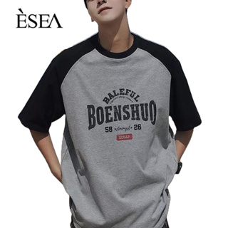 ESEA เสื้อยืดผู้ชายสไตล์อเมริกันใหม่คู่ไหล่หลวมออกแบบเสื้อยืดผู้ชายผ้าฝ้ายสีตัดกัน ins splicing แขนสั้น