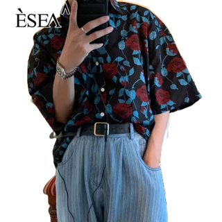 ESEA เสื้อเชิ้ตผู้ชายอารมณ์แนวโน้มดอกไม้ทุกวันเสื้อเชิ้ตผู้ชายเข้าได้หลายชุดแฟชั่นย้อนยุคหลวมแขนสั้น