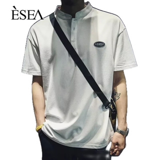 ESEA เสื้อยืดผู้ชายแนวโน้มวรรณกรรมเสื้อเชิ้ตโปโลลำลองสีทึบแขนสั้นมาตรฐานใหม่เรียบง่าย