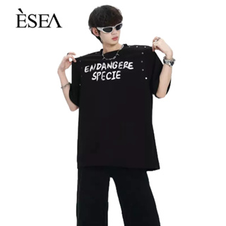 ESEA เสื้อยืดผู้ชายผ้าฝ้ายแท้พิมพ์ลายตัวอักษรแขนสั้นเสื้อยืดผู้ชายแบบสบาย ๆ