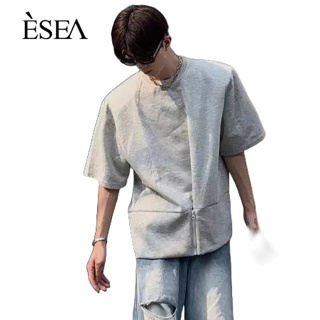 ESEA เสื้อยืดผู้ชายสไตล์เกาหลีซิปประกบลำลองเสื้อยืดผู้ชายแฟชั่นระดับไฮเอนด์รองไหล่แขนสั้น