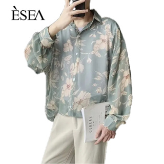 ESEA เสื้อเชิ้ตผู้ชายแขนยาวพิมพ์ลายสไตล์เกาหลีสไตล์ฮ่องกงแขนสั้นทรงหลวม
