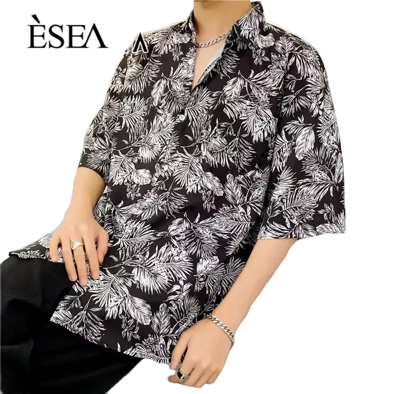 esea-เสื้อเชิ้ตผู้ชาย-พิมพ์ลายสไตล์ญี่ปุ่นและเกาหลี-เสื้อเชิ้ตหลวมและลําลอง