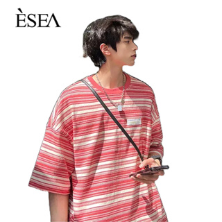 ESEA เสื้อยืดผู้ชาย เทรนด์แฟชั่น จับคู่ทั้งหมด เสื้อยืดผู้ชาย ย้อนยุค ลายทาง หลวม ไม่เป็นทางการ ผู้ชาย แขนสั้น