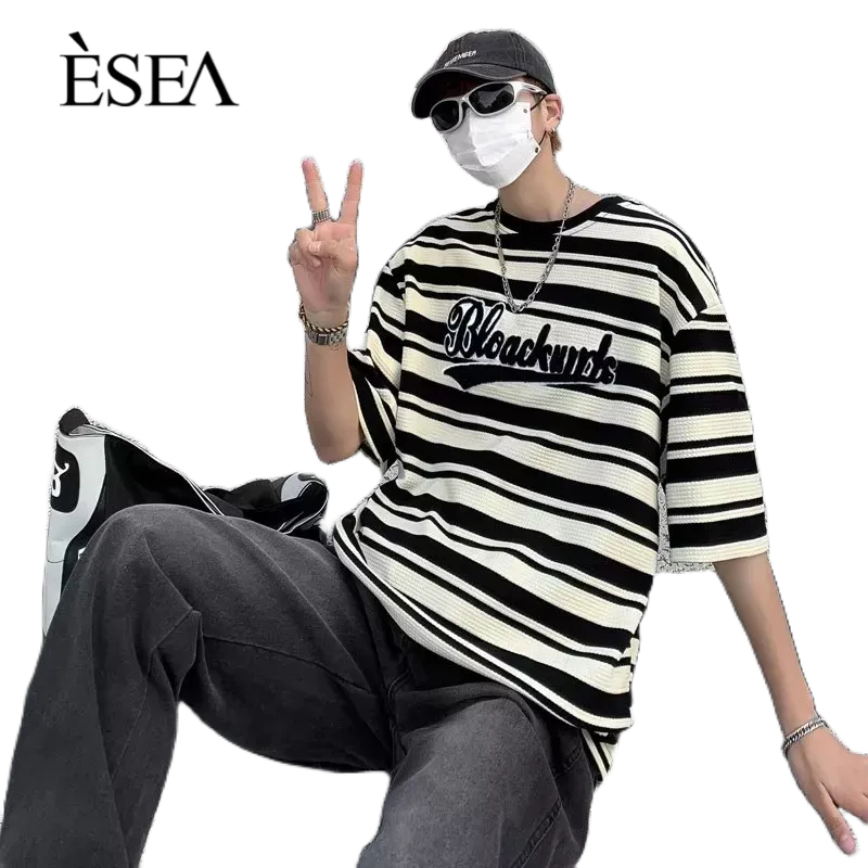 esea-เสื้อยืดผู้ชายลายทางคอกลมเสื้อยืดผู้ชายแฟชั่นวรรณกรรมยอดนิยมแขนสั้น