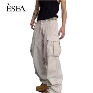 ESEA กางเกงขายาวผู้ชายแนวสบาย ๆ อินเทรนด์โดยรวมของผู้ชายสีทึบกางเกงหลวม ๆ แฟชั่นของผู้ชาย