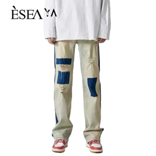 ESEA กางเกงยีนส์ผู้ชายซักกางเกงทรงตรงหลวมๆแบบย้อนยุคเย็บกางเกงผู้ชาย