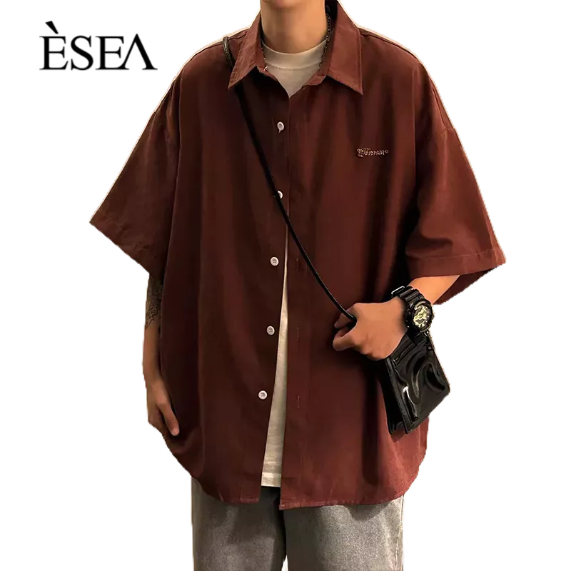 esea-เสื้อผู้ชายในฮาราจูกุที่นิยมเสื้อเชิ้ตผู้ชายสีทึบวรรณกรรมแฟชั่นแขนสั้น