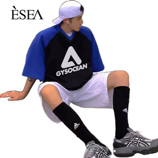 ESEA เสื้อยืดผู้ชายหลวมคอเบสบอลลำลองกีฬาเสื้อยืดผู้ชายแฟชั่นย้อนยุคเยาวชนรู้สึก Raglan แขนสั้น