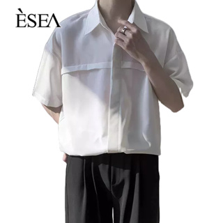 ESEA เสื้อเชิ้ตผู้ชายหลวมสบาย ๆ คู่รักออกแบบความรู้สึกชายเสื้อเล็ก ๆ ผ้าม่านสดสบาย ๆ แขนสั้นผู้ชาย