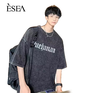 ESEA ผู้ชายเสื้อยืดแฟชั่นอเมริกันย้อนยุคหลวมผู้ชายสั้น-แขนแนวโน้มเก่าล้างในยุโรปและอเมริกาพิ