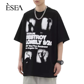 ESEA ผู้ชายเสื้อยืดแนวโน้มหลวมสบายๆทั้งหมด-การแข่งขันคู่เสื้อยืดฮิปฮอปอเมริกันกราฟฟิตีสั้น-แขน