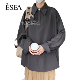 ESEA เสื้อโปโลผู้ชาย, สไตล์ INS, แบรนด์แฟชั่นสไตล์ฤดูใบไม้ผลิและฤดูใบไม้ร่วง, วรรณกรรมญี่ปุ่นหลวม, เรียบง่ายและเรียบง่ายสีทึบของผู้ชายแขนยาวลําลอง