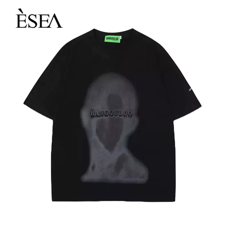esea-เสื้อยืดผู้ชายคอกลมแนวโน้มหลวมอเมริกันเรโทรเสื้อยืดผู้ชายสีทึบแฟชั่นพิมพ์แขนสั้น