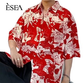 ESEA เสื้อเชิ้ตผู้ชายหล่อหลวมคู่สไตล์ฮ่องกงฮาวายแขนสั้นผู้ชายเทรนด์แฟชั่นเสื้อเชิ้ตลำลองผู้ชาย