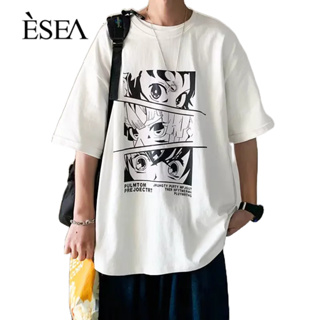 ESEA เสื้อยืดผู้ชายการ์ตูนญี่ปุ่นอะนิเมะแขนสั้นคู่รักรุ่นหลวมสไตล์ฮ่องกงเสื้อยืดสไตล์ฮิปฮอป