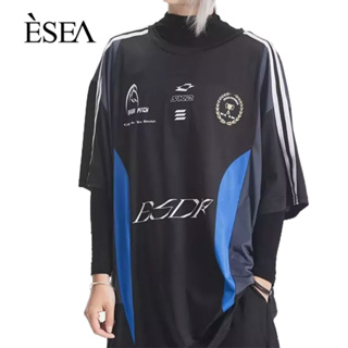 ESEA เสื้อยืดผู้ชายอินเทรนด์ชุดมอเตอร์ไซค์หลวมแห้งเร็วรอบคอเสื้อยืดผู้ชายอเมริกันย้อนยุคการจับคู่สีกีฬาแขนสั้น