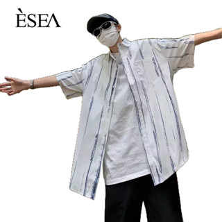 ESEA เสื้อเชิ้ตผู้ชาย ลายเส้นตรง เรียบง่าย เสื้อเชิ้ตผู้ชาย แนวอารมณ์ วรรณกรรม แขนสั้น มาตรฐาน