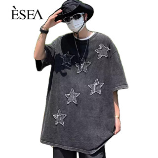 ESEA เสื้อยืดผู้ชายพิมพ์ลายคอกลมหลวมสบาย ๆ เสื้อยืดผู้ชายยอดนิยมเทรนด์แฟชั่นแขนสั้น