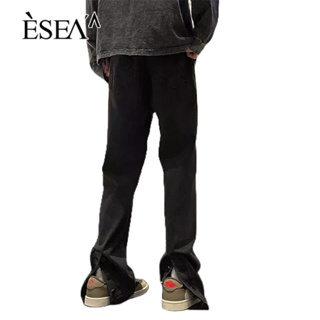 ESEA ผู้ชายกางเกงปุ่มแยกย้อนยุคบางตรงไมโคร-ซัดกางเกงอเมริกันสูงถนนสีเหลืองโคลนย้อมกาง