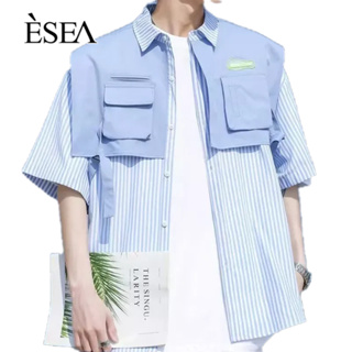 ESEA เสื้อเชิ้ตผู้ชายสไตล์ญี่ปุ่นลายทางหลวมสบาย ๆ เสื้อเชิ้ตผู้ชายแบบลำลองแขนสั้นดีไซน์สูง