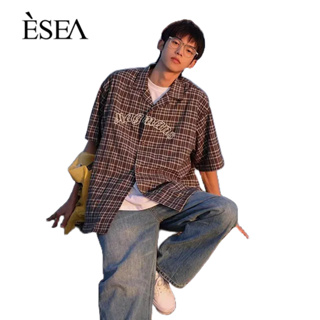 ESEA เสื้อยืดผู้ชายแฟชั่นอารมณ์หลวมตรงชายเสื้อเชิ้ตญี่ปุ่นแนวโน้มสบาย ๆ ลายสก๊อตแขนสั้น