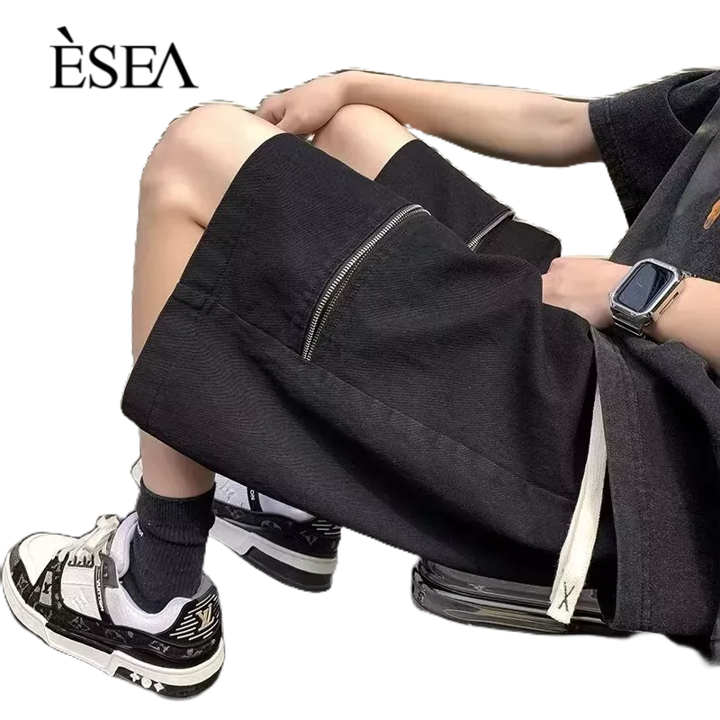 esea-กางเกงขาสั้นผู้ชายทรงหลวมสไตล์อเมริกันไฮสตรีทแฟชั่นกางเกงลำลองหล่อความรู้สึกการออกแบบเฉพาะส่วน