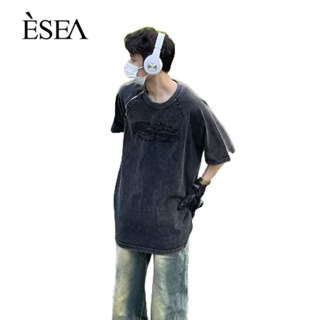 ESEA เสื้อยืดผู้ชายคอกลมหลวมสบาย ๆ เสื้อยืดผู้ชาย Retro High Street ออกแบบซิปล้างแขนสั้น